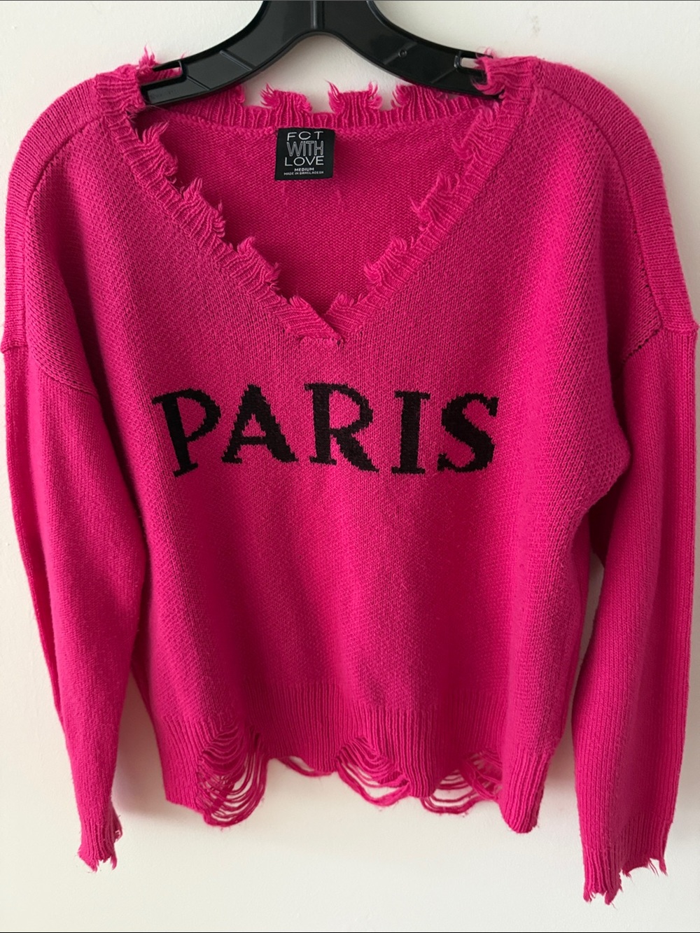 FCT With Love Distressed Hot Pink “Paris” Pullover V Neck Sweater. Size Medium.